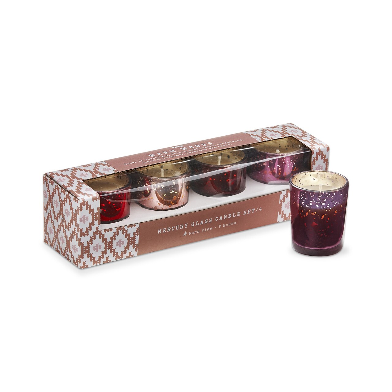 Warm Woods Soy Blend Votive Candle in Glass Jewel Tone Holders Set of 4 2.0L x 2.0W X 2.5H in